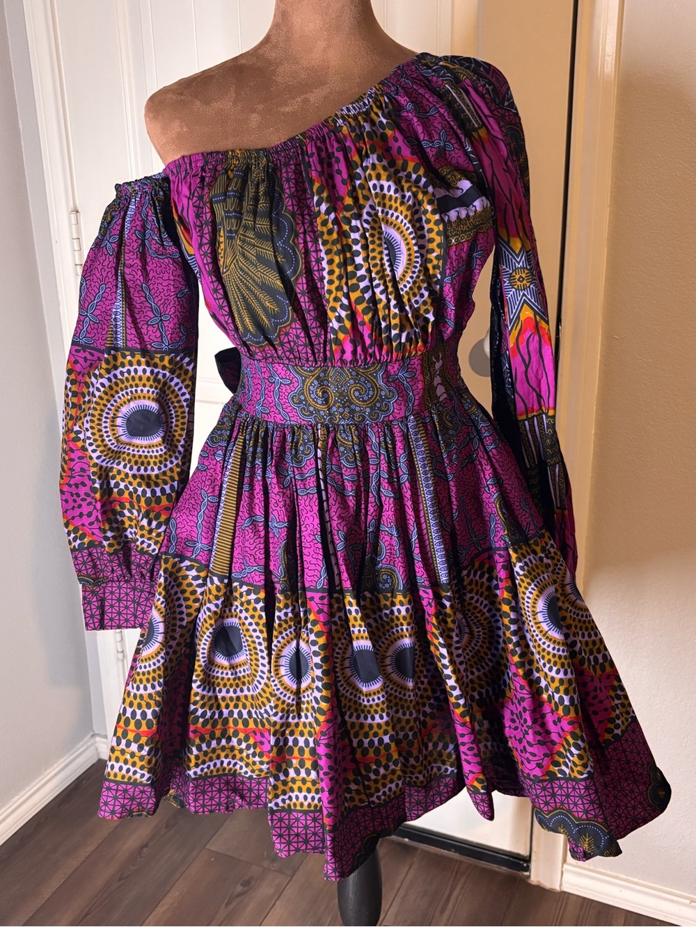 Grass-Fields Habiba One Shoulder Tie Midi Dress African Print Size 6